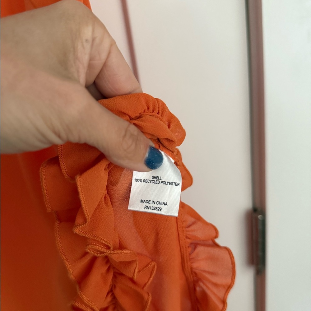 HELSA Sheer Ruffled Long Orange Dress - Picture 9 of 12
